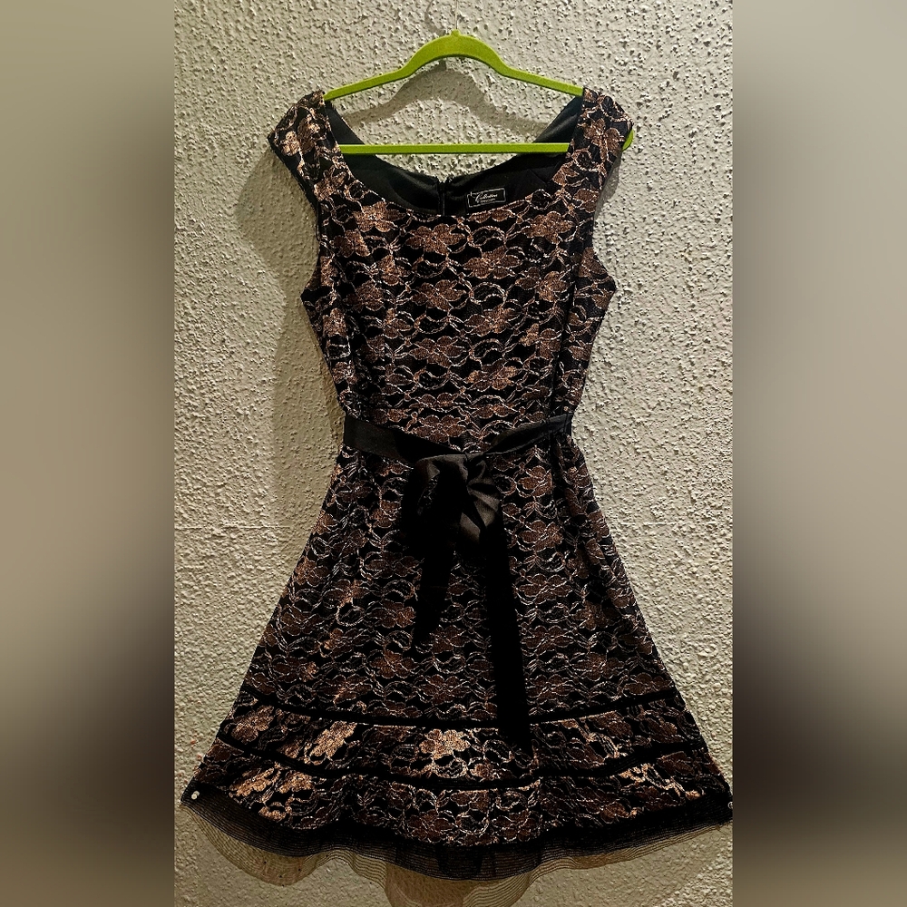 A pretty pre-owned dress for a wedding or a special event. Black and Gold colors